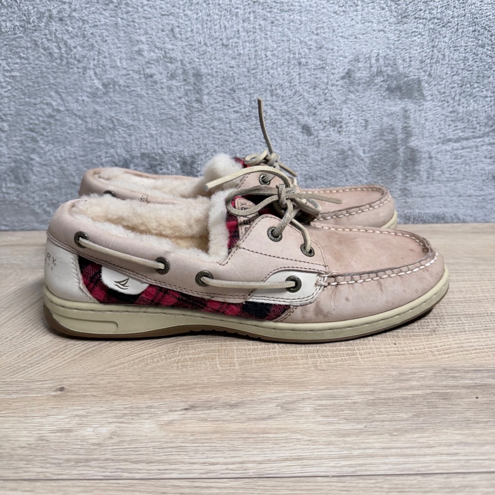 Sperry Furry Bluefish Boat Shoe Women 8.5 Beige Red Plaid Leather Top-Sider Mocs